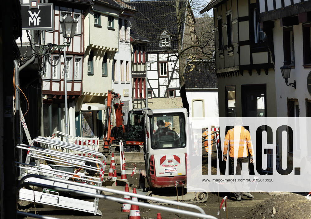 DEU , GERMANY After the flood disaster in July 2021 the destroyed inner city of Bad Muenstereifel Bad Muenstereifel at Erft river is being repaired and rebuilt , 03 03 2022 DEU , GERMANY After the flood disaster in July 2021 the destroyed inner city of Bad Muenstereifel at Erft river is being repaired and rebuilt