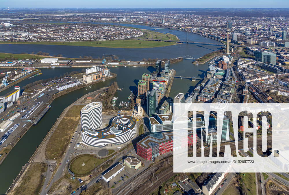 Aerial view, Media Harbour, Hyatt Regency Düsseldorf, Julo Levin Ufer, Marina Düsseldorf, Media Harbour, Rheinturm,INNSIDE DÜSSELDORF HAFEN,trivago N V , The NextGen GmbH, WDR Funkhaus Düsseldorf, Stadionstraße, Friedrichstadt, Düsseldorf, Courtyard Düsseldorf Harbour, Hyatt Regency Düsseldorf, Rhinela