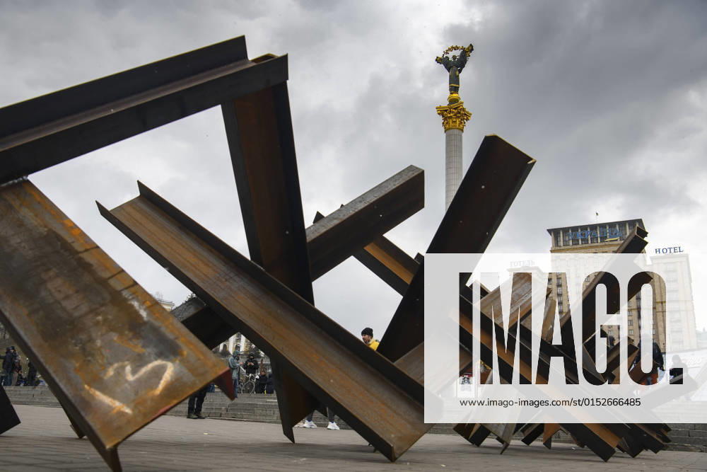 Concert Free Sky In Support Of Requirements Close The Sky Over Ukraine Anti-tank obstacle defense at the Independence Square in central Kyiv, Ukraine March 9, 2022 Kyiv Ukraine