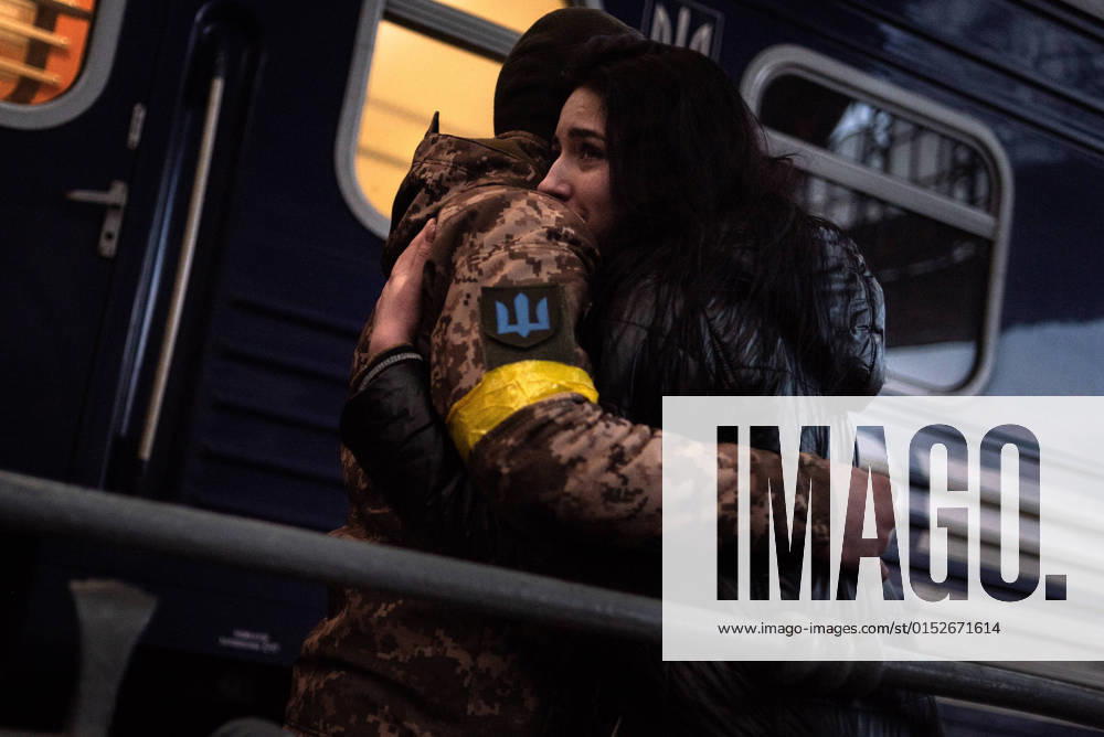 War In Ukraine, Refugees In Lviv Freshly trained soldiers give farewell to relatives, girlfriends and wifes as they board a train to the frontline in Dnipro, in the center of the country, Ukraine, on March 09, 2022. The troops reinforce the defense of the city that in recent days became a target of the russians in an effort to isolate the east of Ukraine (specially Donbass) from the rest of the country. Lviv Ukraine