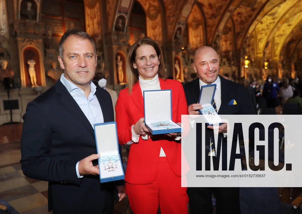 Award of the Bavarian Order of Merit by the Bavarian Prime Minister Dr Markus Söder from left Hansi Flick, Katrin Müller Hohenstein and Christian Neureuther with Bavarian Order of Merit, Munich Bavaria Germany Antiquarium of the Residence