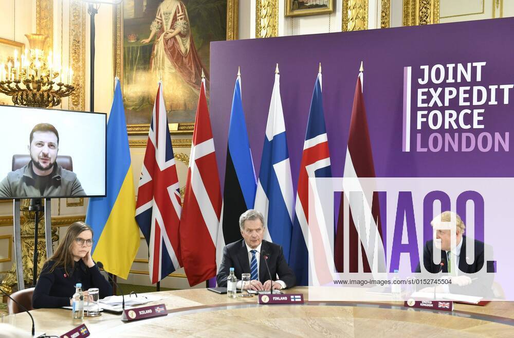 President of Iceland Katrin Jakobsdottir, President of Finland Sauli Niinistö, Prime Minister Boris Johnson of Great Britain and background on the video screen President Volodymyr Zelensky of Ukraine at the meeting of the Joint Expeditionary Force in London, England on 15th March, 2022. London United Kingdom UK