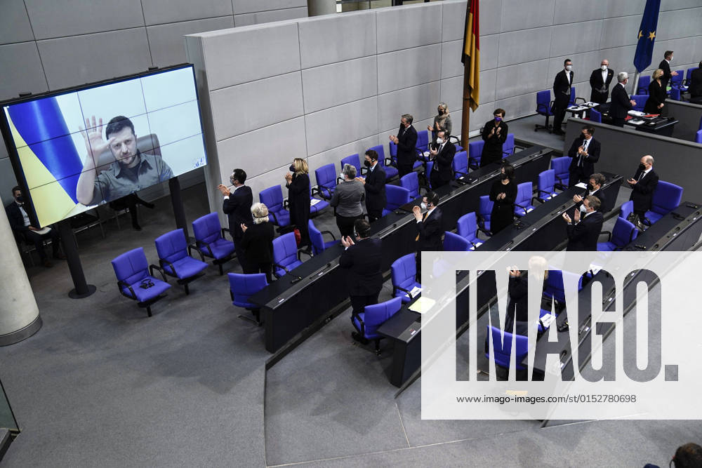 Video address of the President of Ukraine, Volodymyr Selenskyj in the German Bundestag Current,17 03 2022 Berlin, Volodymyr Selenskyj the President of Ukraine during his video address in the German Bundestag on the current situation in Ukraine with special gesture in advance of the 21 session of the German Bundestag in Berlin with