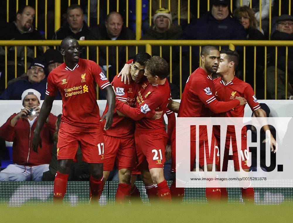 Liverpool s Luis Suarez celebrates scoring his sides opening goal Tottenham Hotspur vs Liverpool FC - Premier League - White Hart Lane - London - England - 15 12 2013 - Pic DavidxKlein Sportimage .