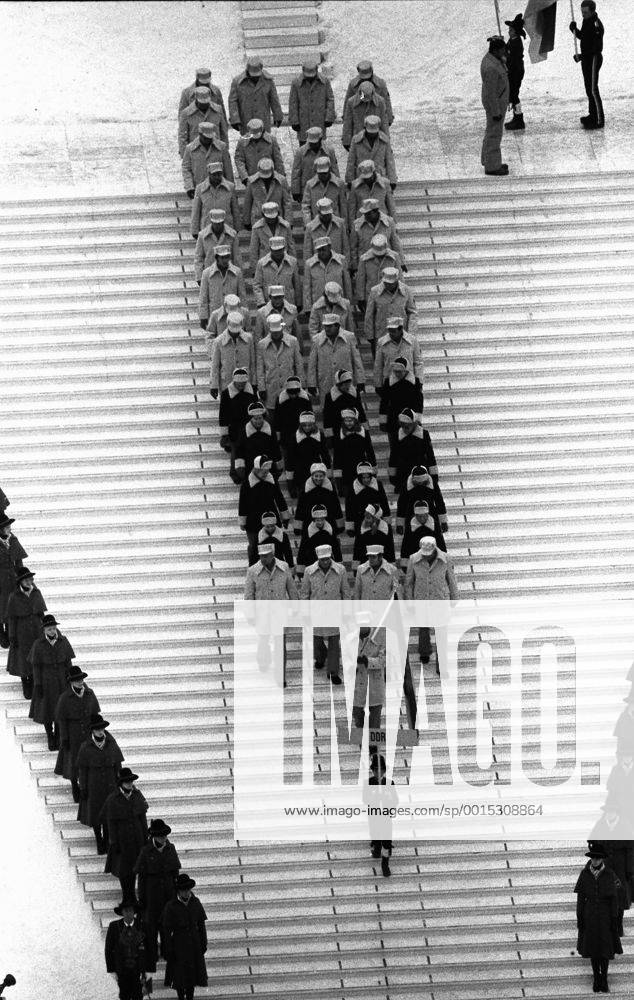 Opening Ceremony - 1976 Innsbruck Winter Olympics The East Germany team is led by bobsledder Meinhard Nehmer at the Bergiselschanze, Bergisel, Innsbruck, Austria. Nehmer would win two gold medal at the Games, in the two-man and four-man. 04 02 1976