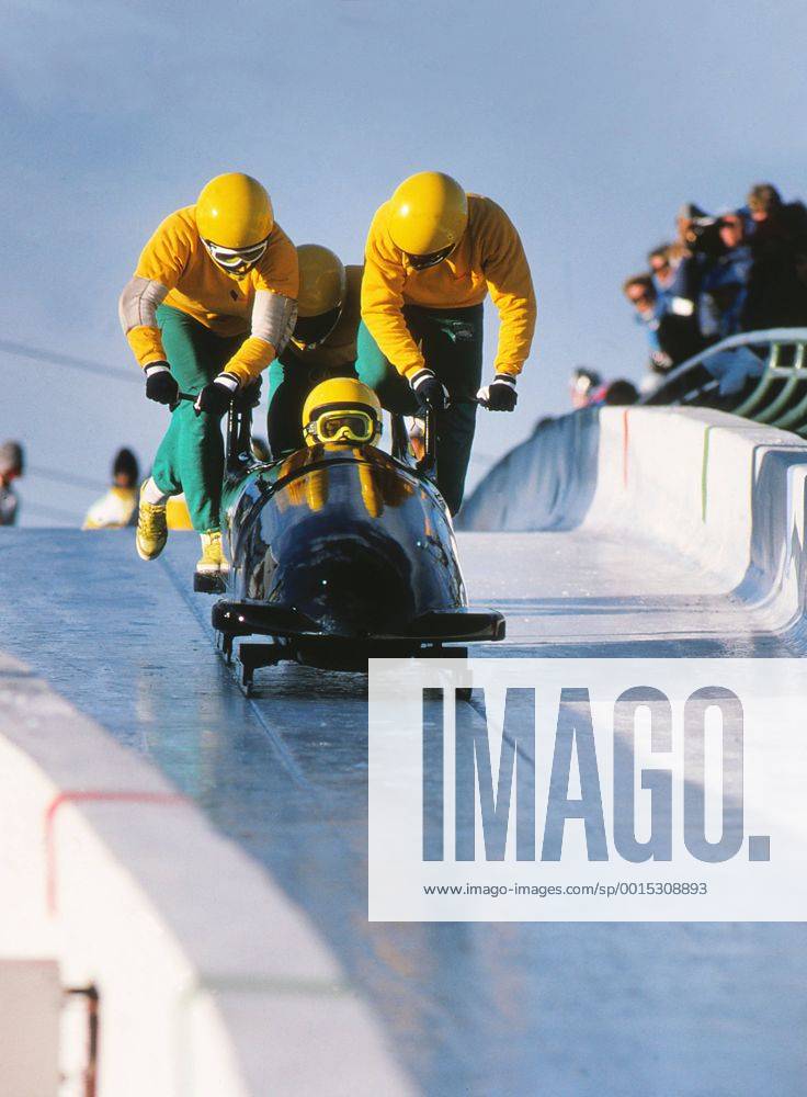 Bobsleigh - 1988 Calgary Winter Olympics - Men s Four Training The Jamaica team - Dudley Stokes, Devon Harris, Michael White, Chris Stokes - during the start phase in training at the Canada Olympic Park, Calgary. It was the first time Jamaica had entered the Winter Olympics in any sport. In their third run in the competition proper their bob overturned and slid down the track with the crew membersâÄ helmets scraping the ice wall. Thankfully the team were unhurt, and the image of them walking across the finish line alongside their bobsleigh became one of the enduring sights of the 1988 Olympics. Later their story was the loose basis for the film Cool Runnings .