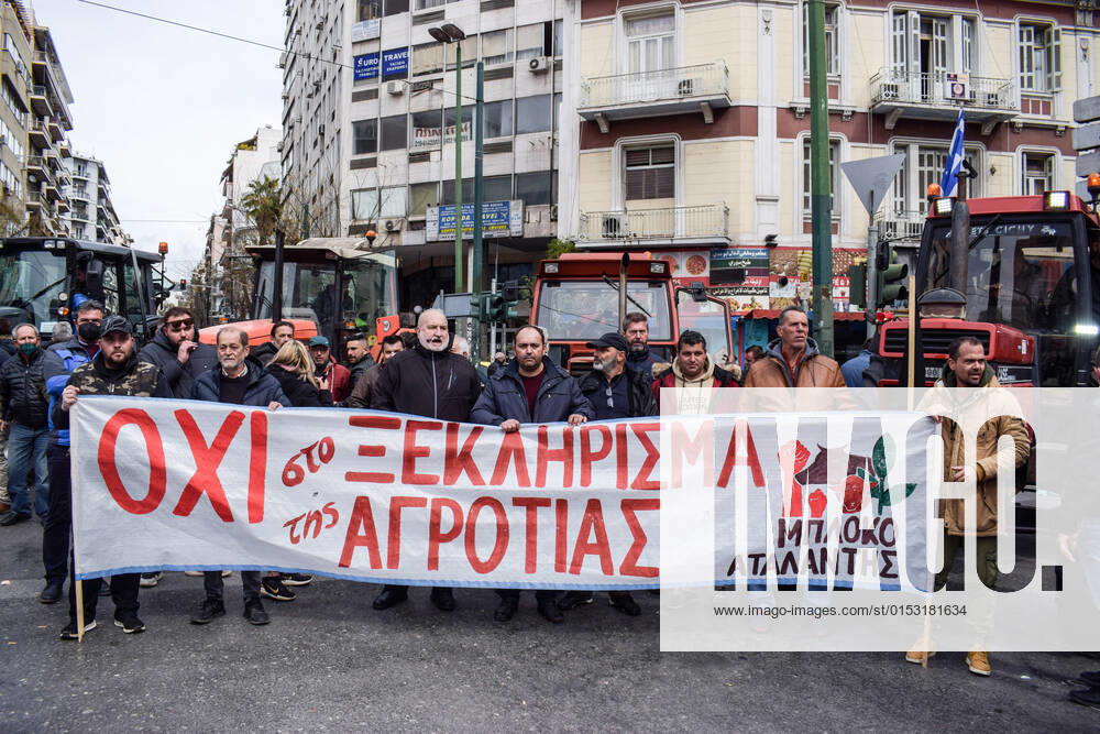 Greece: Farmers protest against an increase in production costs Farmers in Greece hold tractor rally in front of the Ministry of Agricultural Development protesting against an increase in production costs. Athens Greece