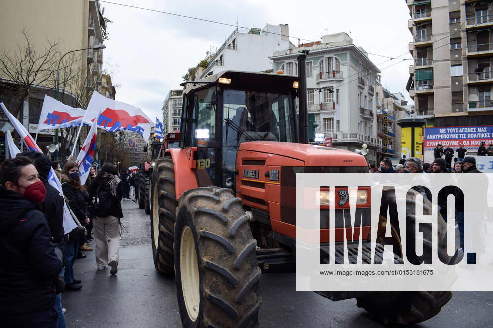 Greece: Farmers protest against an increase in production costs Farmers in Greece hold tractor rally in front of the Ministry of Agricultural Development protesting against an increase in production costs. Athens Greece