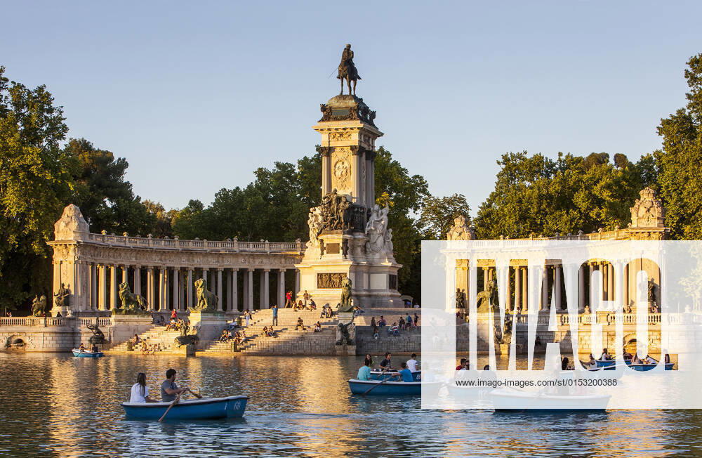 Lake and Alfonso XII monument, in Retiro Park. Madrid. Spain. Madrid Madrid Spain