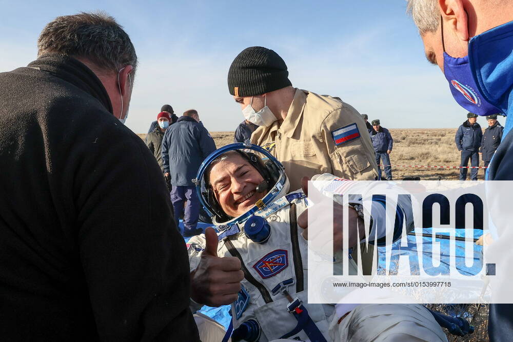 NASA astronaut Mark Thomas Vande Hei thumbs up after the landing of the Soyuz MS-19 space capsule 147 km south-east of Zhezqazghan. Sergei Savostyanov TASS TS12A3E2
