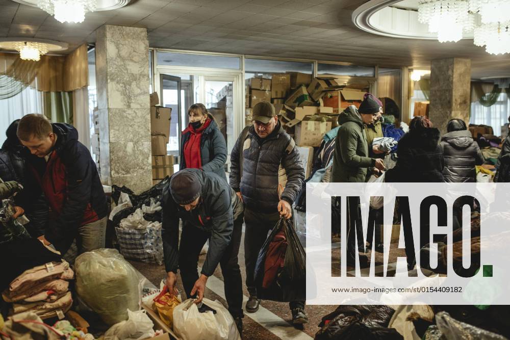 In the building of the city administration volunteers collect clothes and medicines for refugees, Lutsk, Ukraine, Europe