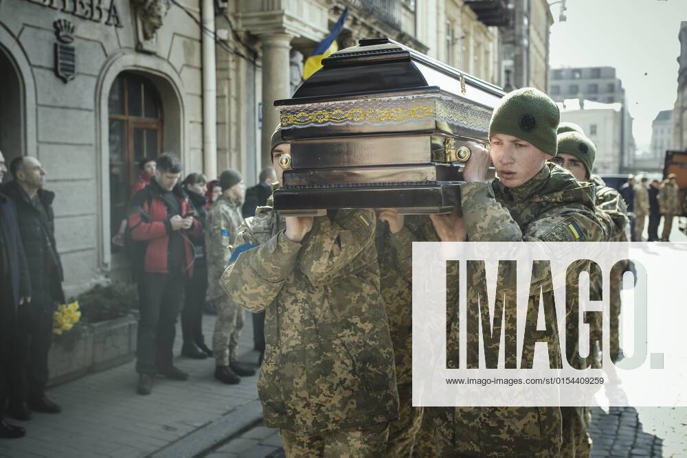 Funeral of Oleg Yashchishin, Kirilo Vishivaniy, Sergey Melnik and Rostislav Romanchuk in the Jesuit Church of St Peter and Paul, the four officers were killed in a Russian missile attack two days earlier in a military camp near the border with Poland in Yavoriv, at least 35 people died, Lviv, Ukraine, Europe