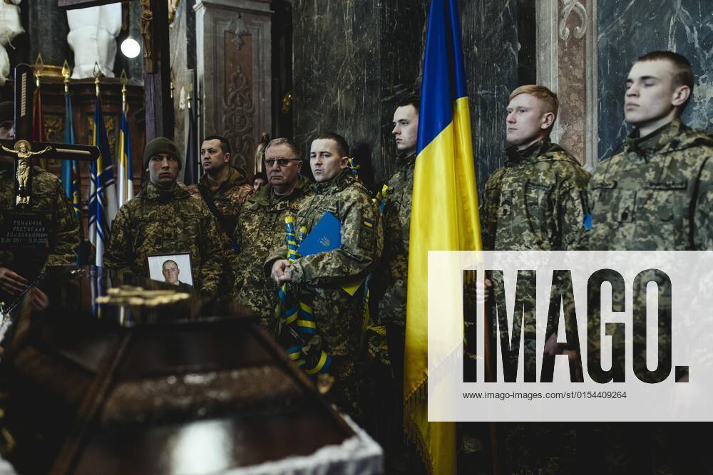 Funeral of Oleg Yashchishin, Kirilo Vishivaniy, Sergey Melnik and Rostislav Romanchuk in the Jesuit Church of St Peter and Paul, the four officers were killed in a Russian missile attack two days earlier in a military camp near the border with Poland in Yavoriv, at least 35 people died, Lviv, Ukraine, Europe