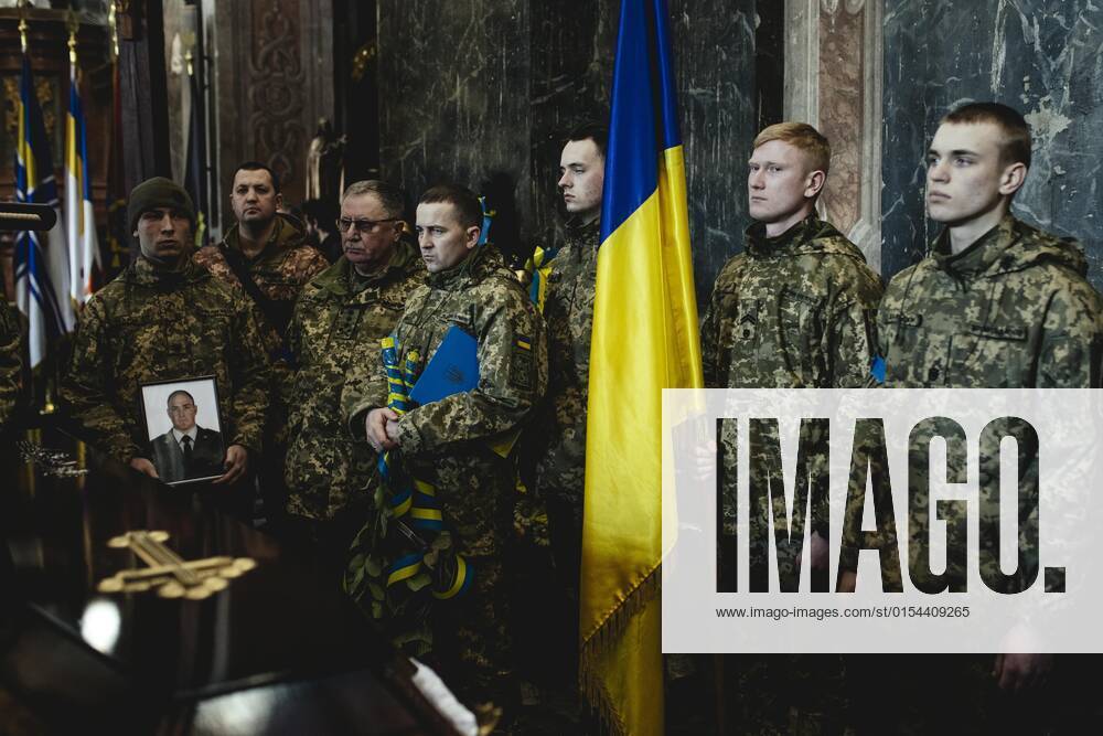 Funeral of Oleg Yashchishin, Kirilo Vishivaniy, Sergey Melnik and Rostislav Romanchuk in the Jesuit Church of St Peter and Paul, the four officers were killed in a Russian missile attack two days earlier in a military camp near the border with Poland in Yavoriv, at least 35 people died, Lviv, Ukraine, Europe