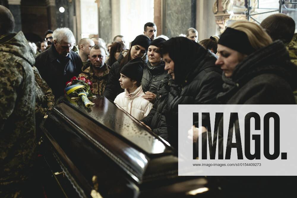 Funeral of Oleg Yashchishin, Kirilo Vishivaniy, Sergey Melnik and Rostislav Romanchuk in the Jesuit Church of St Peter and Paul, the four officers were killed in a Russian missile attack two days earlier in a military camp near the border with Poland in Yavoriv, at least 35 people died, Lviv, Ukraine, Europe