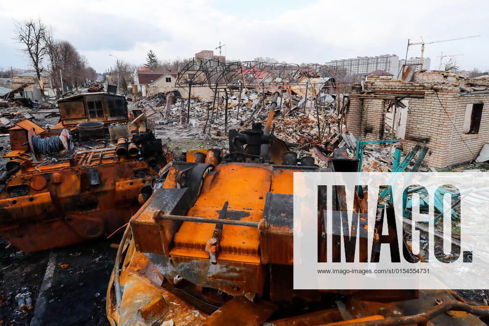 Damaged houses and Russian tanks in Bucha, a town recently recaptured by the Ukrainian forces, as the Russian are said to have killed hundreds of civilians in the town. There have been International accusations of Russia committing war crimes since the beginning of the invasion of Ukraine. Bucha Ukraine - ZUMAs313 20220404_zip_s313_010