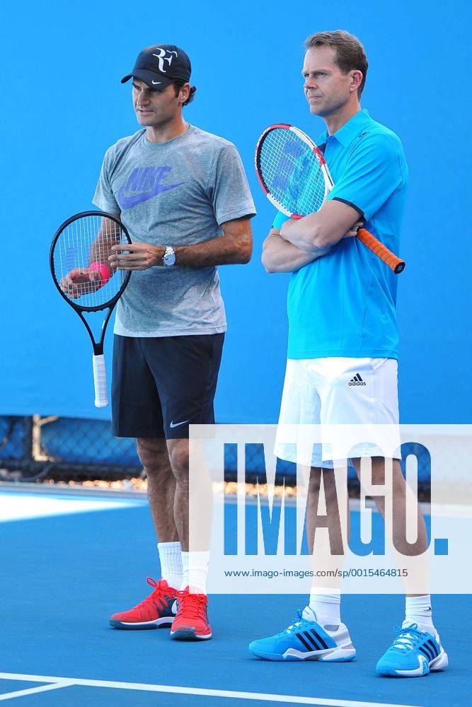 Stefan Edberg (SWE) Roger Federer (SUI) TENNIS : Open d Australie - Melbourne - 13 01 2014 TennisMagazine Panoramlc