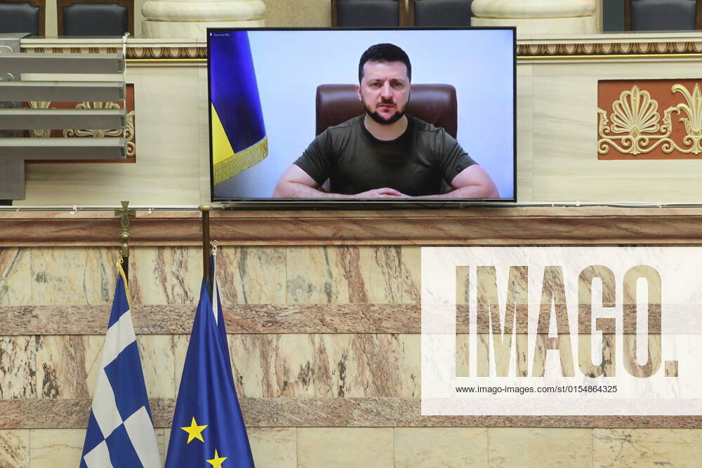 Ukrainian President Volodymyr Zelesnky speak in the Greek parliament. Athens Greece - ZUMAv62_ 20220407_zaf_v62_004