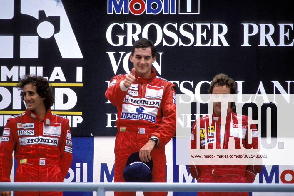 Siegerehrung GP Deutschland 1989 - Sieger Ayrton Senna (Brasilien McLaren Honda, Mitte) mit Alain Prost (Frankreich McLaren Honda, li.) und Gerhard Berger (Österreich Ferrari)