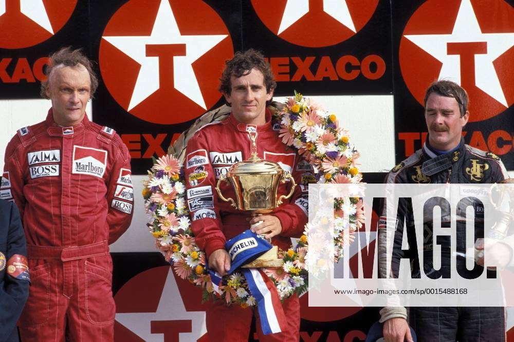 GP der Niederlande 1984, v.li. Niki Lauda (Österreich), Sieger Alain Prost (Frankreich beide McLaren) und Nigel Mansell (England Lotus)