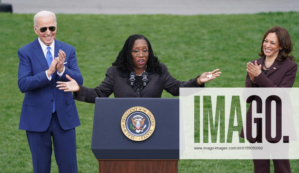 U.S. President Joe Biden and Vice President Kamala Harris applaud as as confirmed Associate Supreme Court Justice Ketanji Brown Jackson speaks to celebrate her confirmation on the South Lawn of the White House in Washington, DC, on Friday, April 8, 2022. Jackson will join the court in a few months. WASP20220408120 LEIGHxVOGEL