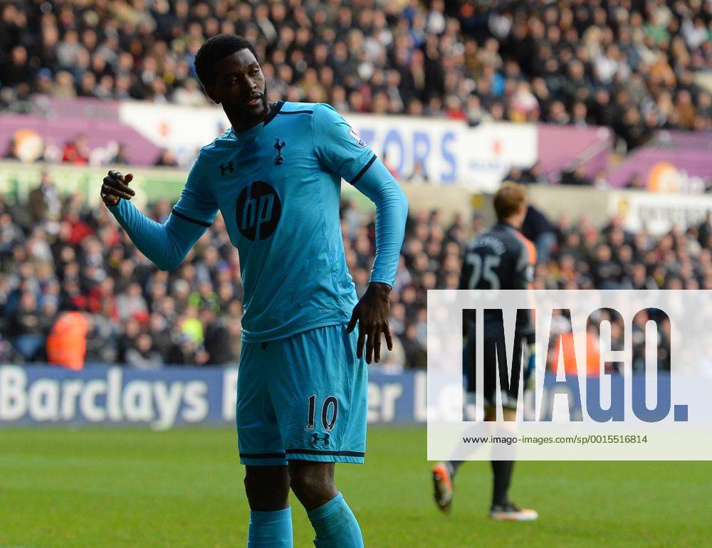 Emmanuel Adebayor of Tottenham celebrates scoring the third goal- Barclays Premier League - Swansea City vs Tottenham Hotspur - Liberty Stadium - Swansea - Wales - 19th January 2014 - .