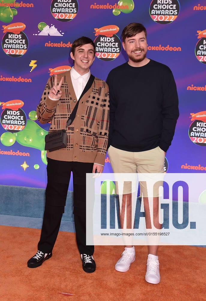 SANTA MONICA, CA - APRIL 9: Chris Tyson and MrBeast at the 2022 Nickelodeon Kids Choice Awards at the Barker Hangar in Santa Monica, California on April 9, 2022.