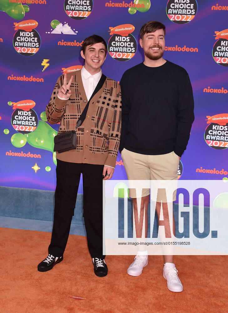 SANTA MONICA, CA - APRIL 9: Chris Tyson and MrBeast at the 2022 Nickelodeon Kids Choice Awards at the Barker Hangar in Santa Monica, California on April 9, 2022.