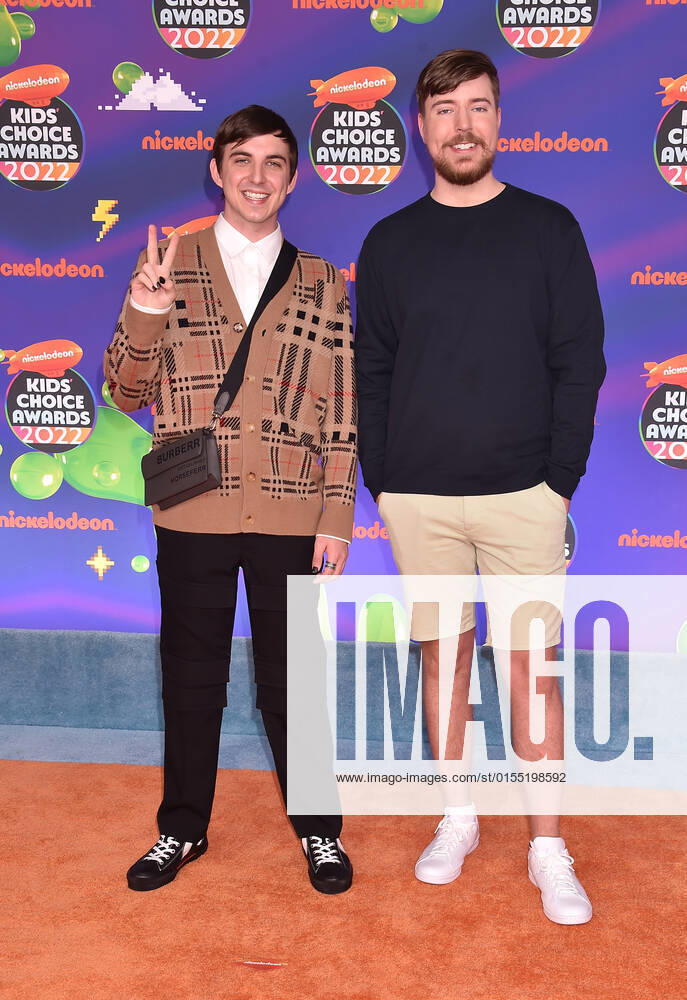 SANTA MONICA, CA - APRIL 9: Chris Tyson and MrBeast at the 2022 Nickelodeon Kids Choice Awards at the Barker Hangar in Santa Monica, California on April 9, 2022.