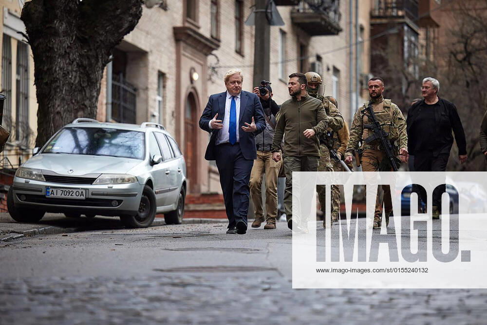 British Prime Minister Boris Johnson and Ukrainian President Volodymyr Zelenskyy walk at Khreschatyk Street and Independence Square during their meeting in Kyiv, Ukraine, on Saturday on April 09, 2022. KYV2022040903 UkrainianxPresidency