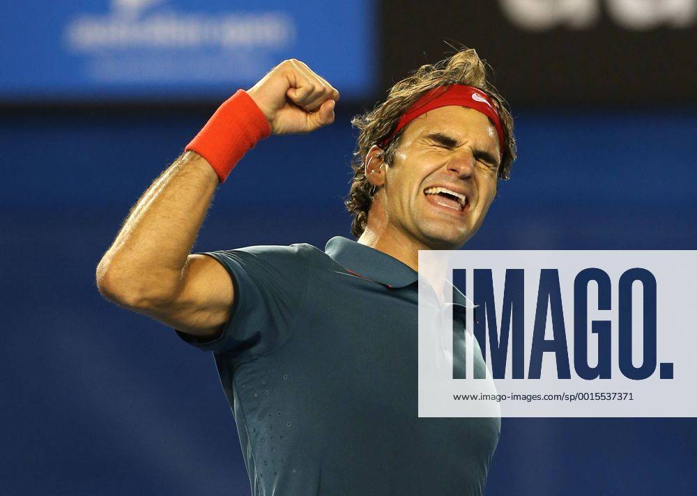 Australian Open 2014, Melbourne Park,ITF Grand Slam Tennis Tournament, Roger Federer (SUI macht die Faust und jubelt nach seinem Sieg, Jubel,Emotion,,Einzelbild,Halbkoerper,Querformat,