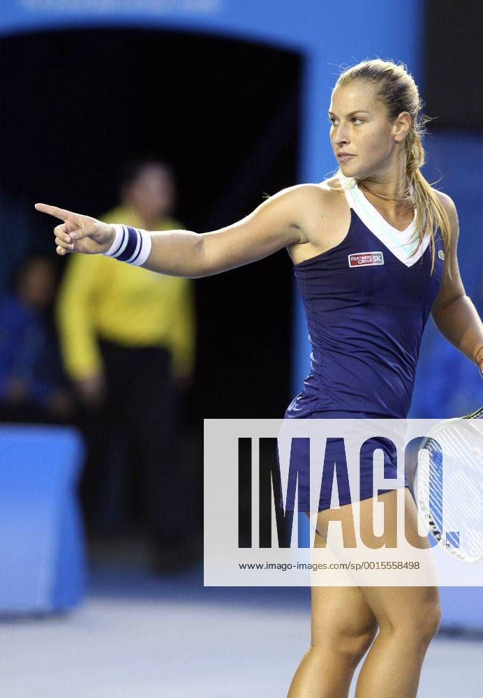 (140125) -- MELBOURNE, Jan. 25, 2014 (Xinhua) -- Dominika Cibulkova of Slovakia reacts during her women s singles final match at 2014 Australian Open tennis tournament in Melbourne, Australia