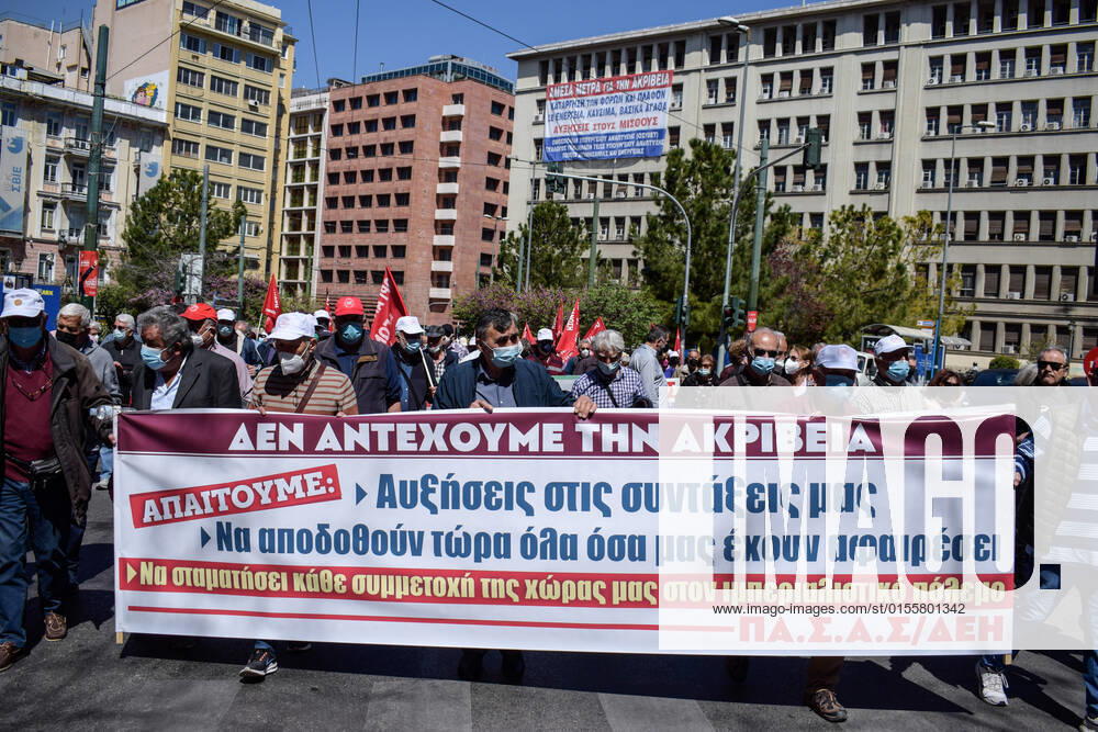 Greece: Thousands take to Athens streets in protest of price hikes Pensioners protest marching in the streets holding banner that reads: We Cannot Stand Price Hikes! Increase our pensions! No involvement of Greece in the war! Athens Greece