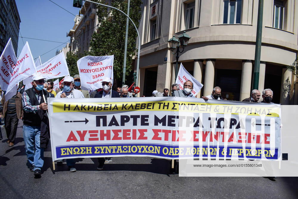 Greece: Thousands take to Athens streets in protest of price hikes Pensioners protest holding banner that reads: Soaring prices steal our pensions and our lives! Take measures now! Athens Greece