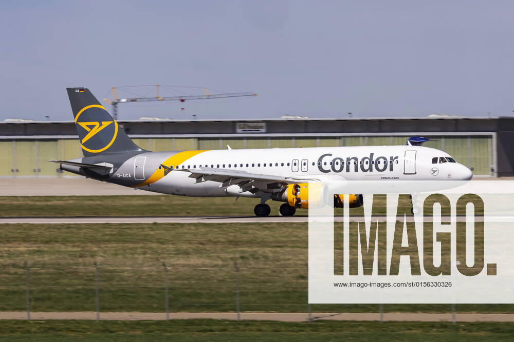 Stuttgart Airport STR EDDS Manfred Rommel Airport with aircraft on landing AIRCRAFT ID D AICA, CONDOR, AIRBUS A320 200 18 04 2022 DEU, Germany, Baden Württemberg, Stuttgart