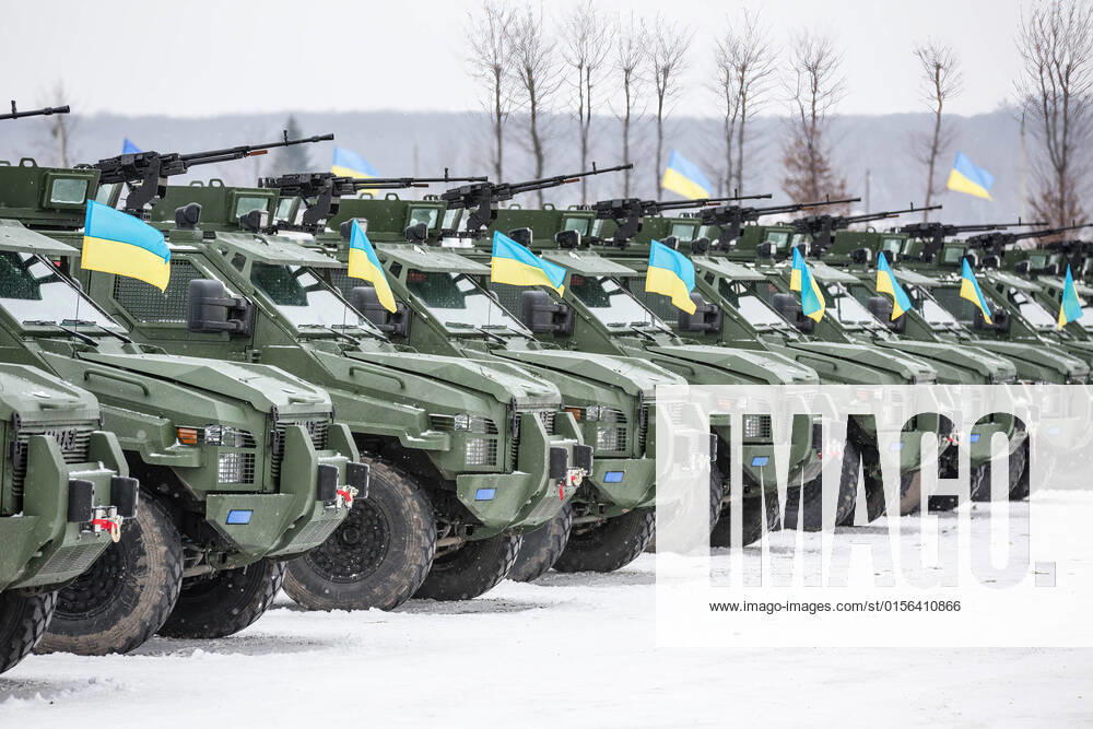 Military and armored vehicles at the International Center for Peacemaking and safety before transferring it into zone of military conflict. Lviv Ukraine - ZUMAs197 20141230_zab_s197_007