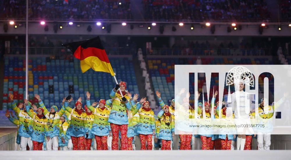 (140207) -- SOCHI, Feb. 7, 2014 (Xinhua) -- Members of Germany delegation parade into the stadium during the opening ceremony for the 22nd Winter Olympic Games in Sochi, Russia, Feb. 7, 2014. (Xinhua Wang Lili) (SP)OLY-RUSSIA-SOCHI-OPENING CEREMONY