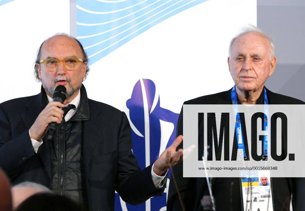 OLYMPIA - Olympische Spiele 2014, PK KRASNAJA POLJANA,RUSSLAND,08.FEB.14 - DIVERS, OLYMPIA - Olympische Winterspiele Sotschi 2014, Austria Tirol Haus, AIPS Awards fuer Journalisten. Bild zeigt Praesident Gianni Merlo (Welt-Journalistenverband AIPS) und Praesident Michael Kuhn (Sports Media Austria).