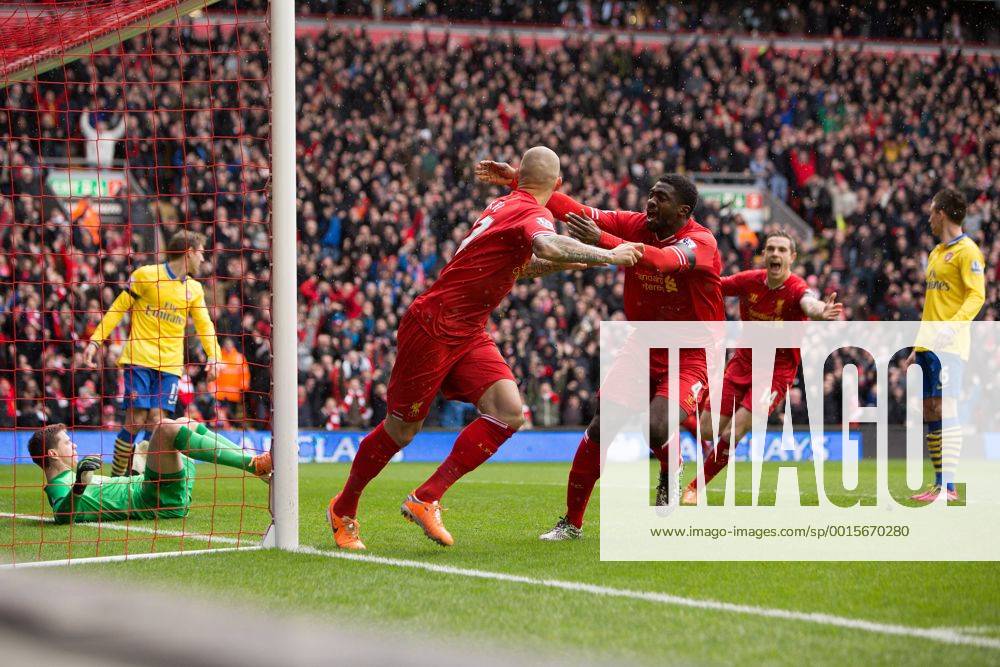 Martin Skrtel of Liverpool celebrates his opening goal - Liverpool vs. Arsenal - Barclays Premier League - Anfield - Liverpool - 08 02 2014 Pic Philip Oldham Sportimage .