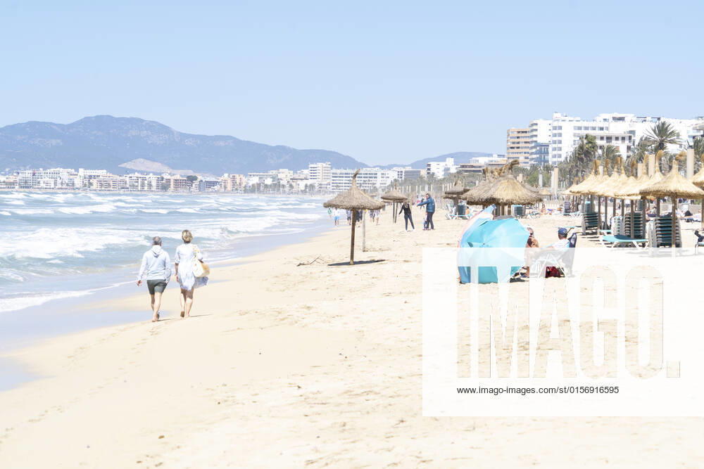 Impressions of the beach in Playa de Palma on the island of Mallorca in spring 2022 in windy weather Impressions of the beach in Playa de Palma on the island of Mallorca in spring 2022 in windy weather , Palma Mallorca Spain Platja de Palma
