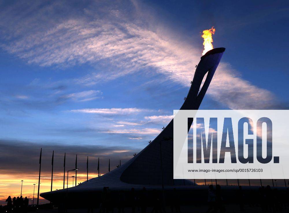 Feb. 13, 2014 - Sochi, Krasnodar Krai, Russia - The Olympic flame burns bright as the sun sets during the 2014 Sochi Winter Olympics on February 13 in Sochi, Russia. Olympic Flame - Sochi 2014.. - ZUMAa35