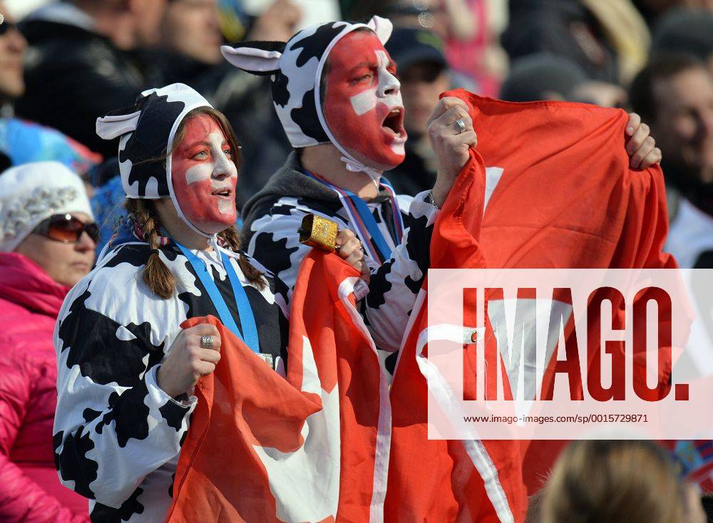 Switzerland fans cheer on their team during the men s super combined at the Sochi 2014 Winter Olympics on February 14, 2014 in Krasnaya Polyana, Russia. OLY20140214331