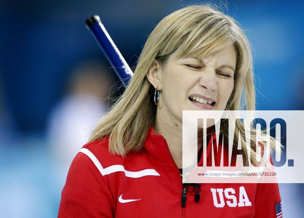 Feb. 14, 2014 - Sochi, RUS - Team USA skip Erika Brown reacts during Friday s draw in the women s curling competition against Denmark at the Ice Cube Curling Centre during the Winter Olympics in Sochi, Russia, Friday, Feb. 14, 2014. Denmark beat USA 9-2. USA vs. DNK Curling - ZUMAm67