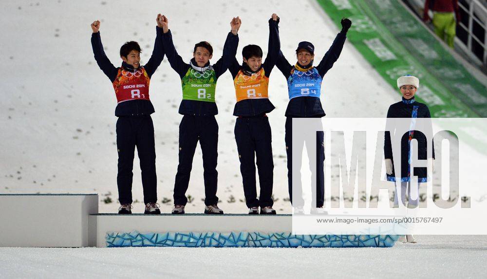 RUSSIA RUSSKI GORKI SKI JUMPING CENTER MENS TEAM SKI JUMPING WINTER OLYMPIC GAMES SOCHI 2014: Bronze Japan SHIMIZU RERUHI TAKEUCHI TAKU ITO DAIKI NORIAKI KASAI JAG170214_079