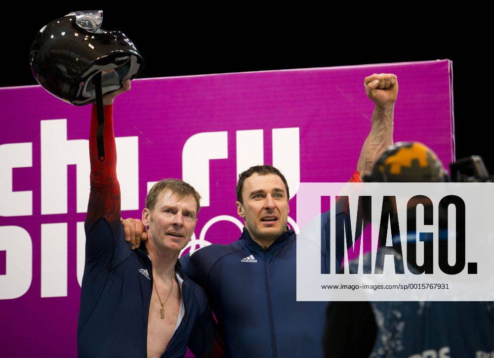 Feb. 17, 2014 - Sochi, Russia - Alexander Zubkov and Alexey Voevodal, right, of Russia celebrate their gold medal in the men s two-man bobsled at the Sanki Sliding Center during the Sochi 2014 Winter Olympic in Sochi, Russia. Men s Two-Man Bobsled- Sochi 2014 - ZUMAj89