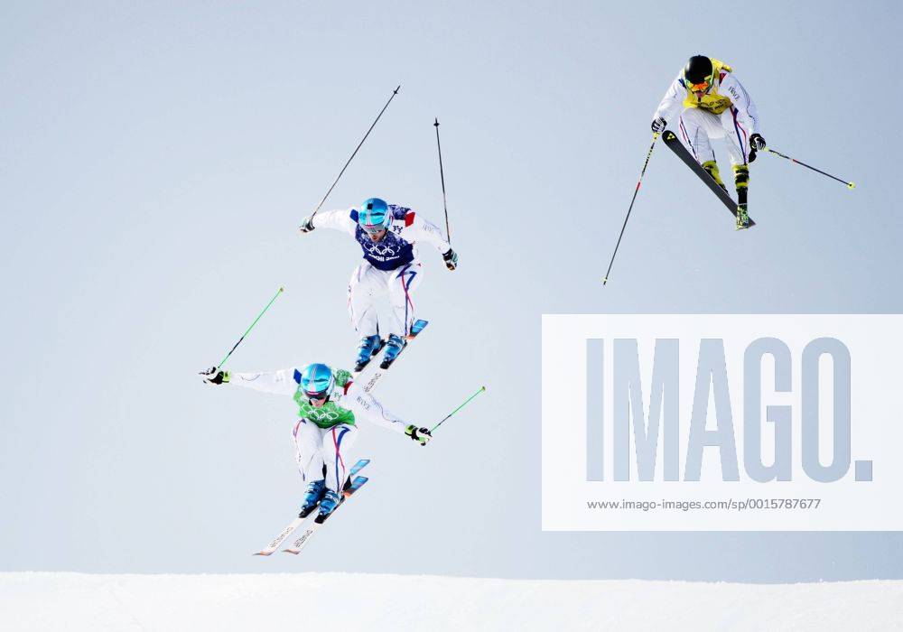 (140220) -- SOCHI, Feb. 20, 2014 (Xinhua) -- Gold medalist Jean Frederick Chaupuis (L), silver medalist Arnarud Bovolenta (C) and bronze medalist Jonathan Midol of France compete during the men s ski cross finals of freestyle skiing at the 2014 Sochi Winter Olympic Games in Sochi, Russia, Feb. 20, 2014. (Xinhua Wang Song) (SP)OLY-RUSSIA-SOCHI-FREESTYLE SKIING-MEN S SKI CROSS