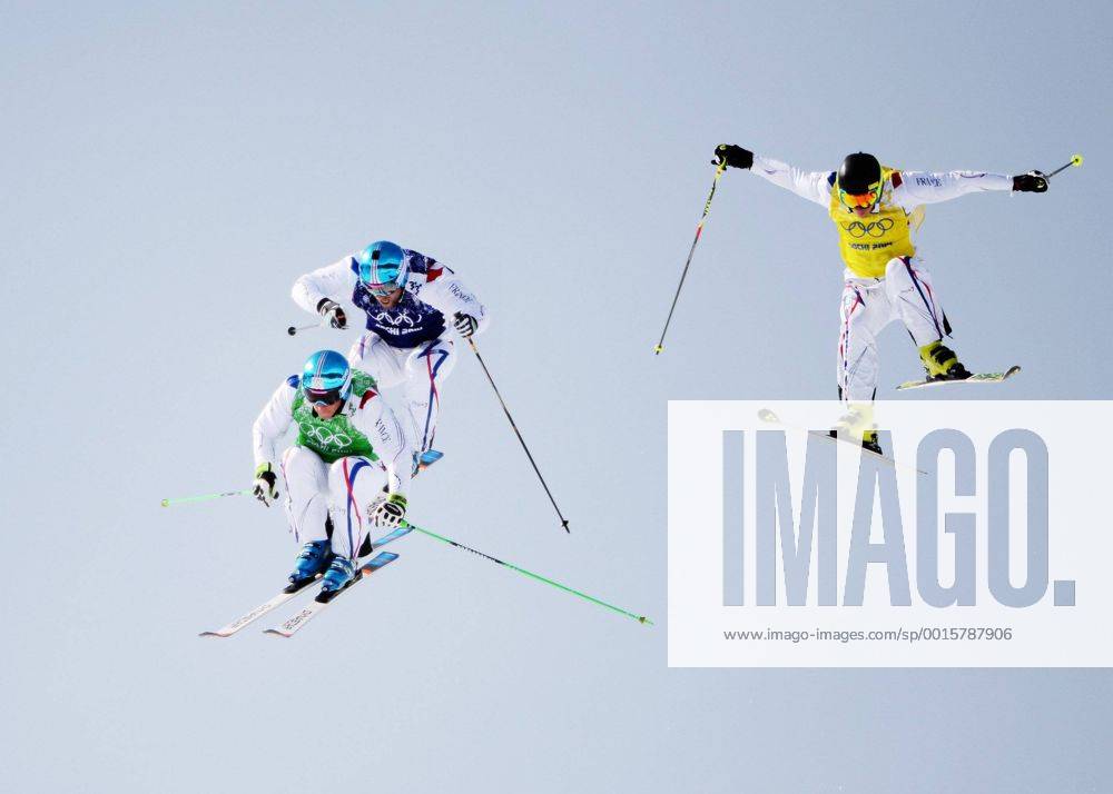 (140220) -- SOCHI, Feb. 20, 2014 (Xinhua) -- Gold medalist Jean Frederick Chaupuis (L), silver medalist Arnarud Bovolenta (C) and Jonathan Midol of France compete during the men s ski cross finals of freestyle skiing at the 2014 Sochi Winter Olympic Games in Sochi, Russia, Feb. 20, 2014. (Xinhua Wang Song) (SP)OLY-RUSSIA-SOCHI-FREESTYLE SKIING-MEN S SKI CROSS