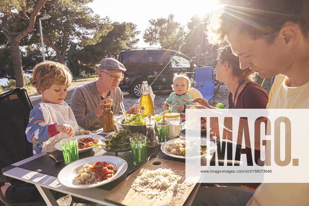 Theme family with grandfather at camping Seget Vranjica Croatia