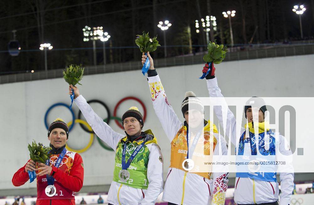 Jubel Team Deutschland, GER, 2. Platz, Silber,, im Ziel, mit Erik LESSER, Daniel Böhm, Böhm, Arnd Peiffer, Simon SCHEMPP, von links, Siegerehrung, Medal Ceremony, Biathlon 4 x 7,5 km Staffel der Männer, Herren, Men s Relay, am 22.02.2014, Laura Cross-Country Ski und Biathlon Center, XXII. Olympische Winterspiele 2014, vom 07.02. - 23.02.2014 in Sotschi Russland.