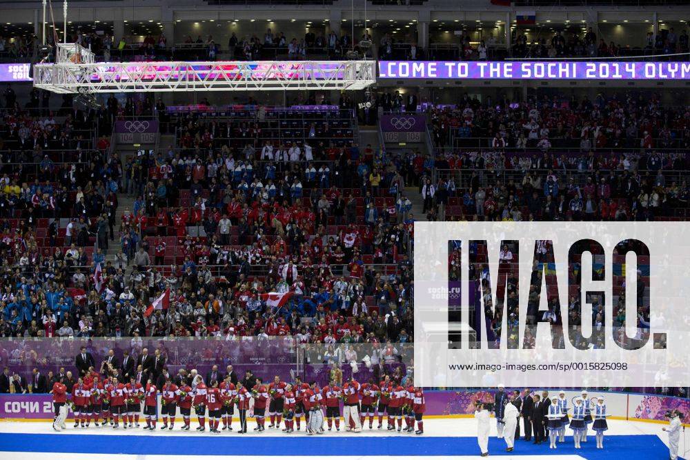 Feb. 23, 2014 - Sochi, Russia - Members of the Canadian team wear their gold medals during the award ceremony in Mens gold medal game at the Bolshoy Ice Dome during the Sochi 2014 Winter Olympic in Sochi, Russia. Men s Hockey - Wins Gold - Sochi 2014 - ZUMAj89